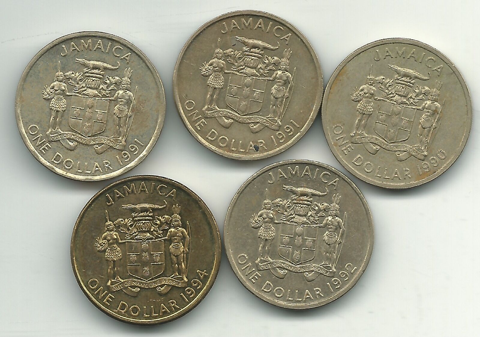 Lot 5 Jamaica 1 Dollar-1990,(2)1991,1992,1994-jan555